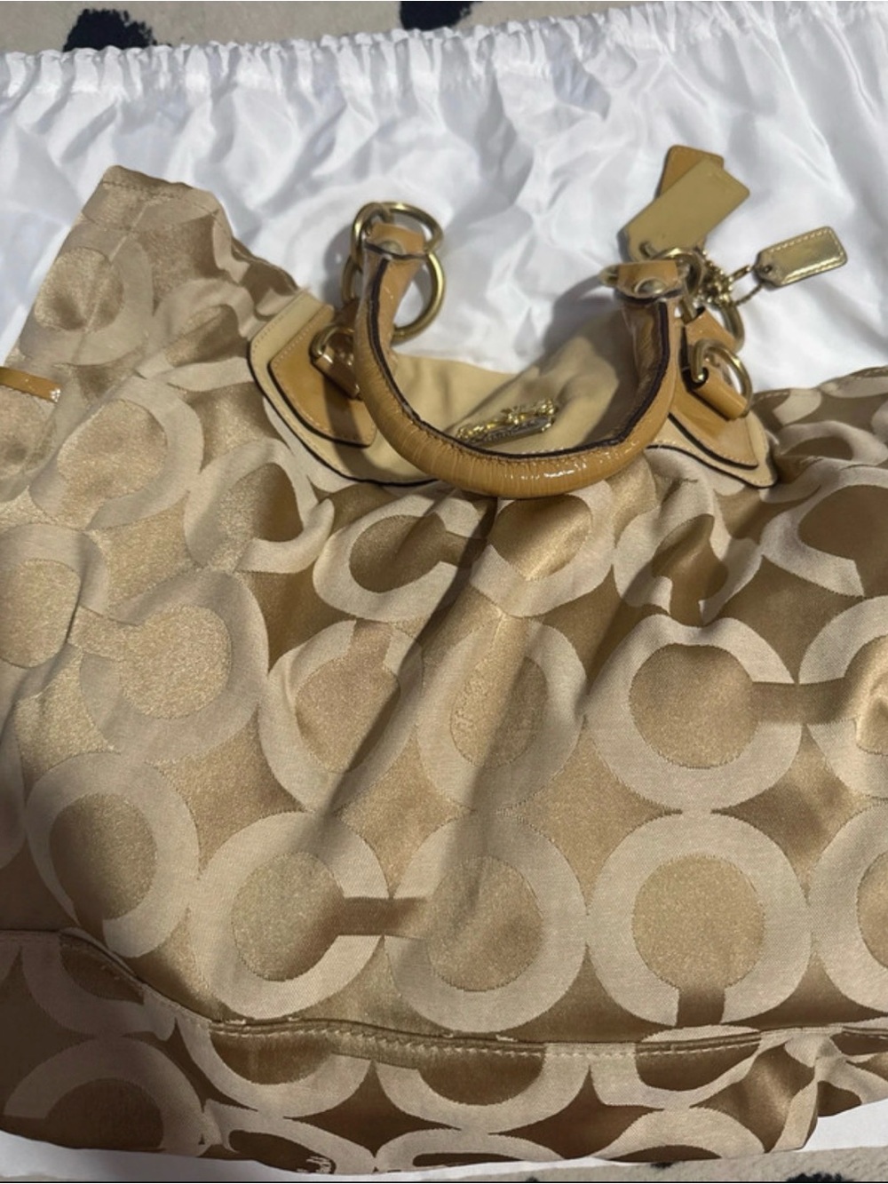 Coach Signature Circle Jacquard Tote in Beige and Tan Leather